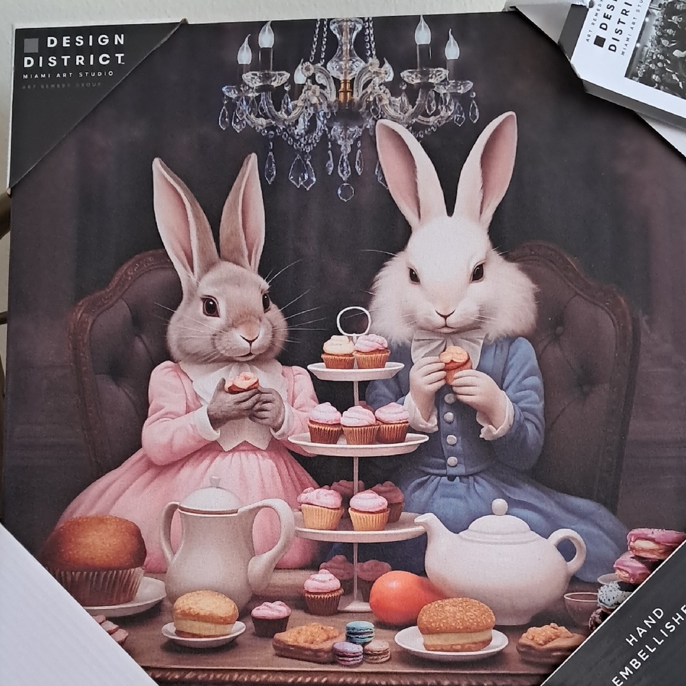 District Whimsical Rabbit Tea Party Painting - Pink and Blue